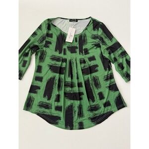 Appleline Green Black Abstract Print Blouse 3/4 Sleeve Tunic Top Plus Size L NWT